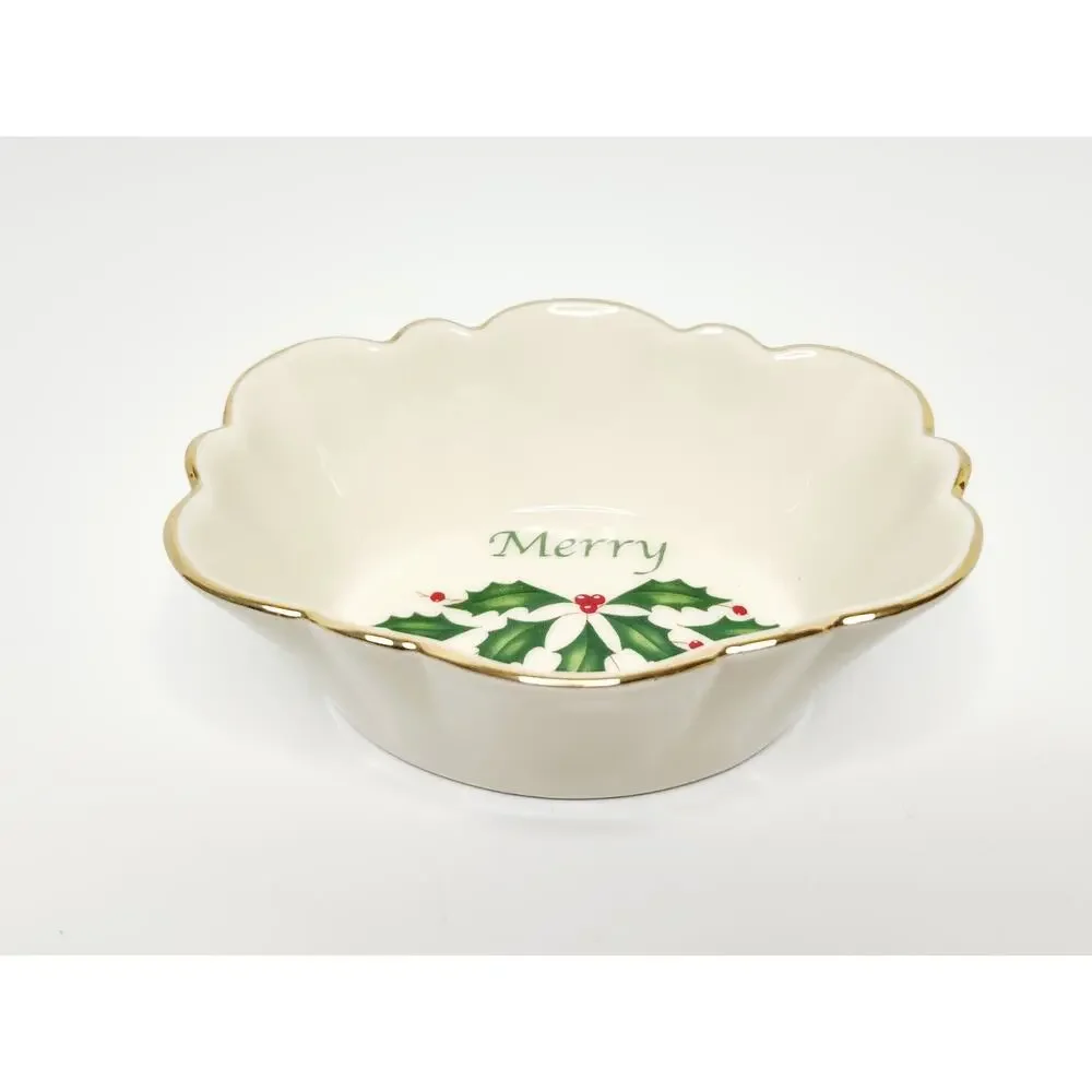 Lenox Holiday Merry Bowl Oval Fluted Dish Holly Christmas Candy Nut Dish